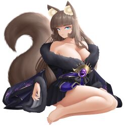 Rule 34 | 1girl, absurdres, animal ear fluff, animal ears, azur lane, bare shoulders, barefoot, blue eyes, breasts, brown hair, brown tail, cat ears, cat girl, cat tail, cosplay, fluffy, full body, green eyes, highres, large breasts, large tail, legs, legs together, long hair, looking at viewer, multicolored eyes, musashi (azur lane), ribbon, tail, takie, takie arts, very long hair