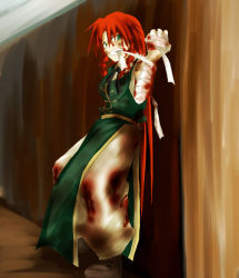 Rule 34 | 1girl, bandages, bleeding, blood, braid, china dress, chinese clothes, dress, female focus, green eyes, hong meiling, immaterial and missing power, injury, makoto (pixiv), makoto jon, red hair, solo, touhou