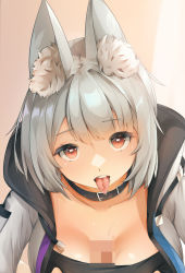 Rule 34 | 1girl, animal collar, animal ear fluff, animal ears, breasts squeezed together, breasts, censored, cleavage, collar, commission, deep skin, grayfox, highres, large breasts, looking at viewer, mosaic censoring, original, paizuri, paizuri under clothes, penis, popped collar, pov, red eyes, saliva, silver hair, strapless, tongue, tongue out, tube top
