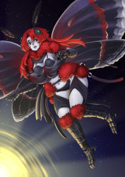 Rule 34 | 1girl, :o, antennae, armor, armored boots, arthropod girl, barbariank, belt, bikini, black eyes, boots, breasts, extra eyes, flying, fur trim, gauntlets, insect girl, insect wings, knee boots, light, long hair, looking to the side, monster girl, moth girl, moth wings, navel, night, night sky, o-ring, original, pale skin, red hair, sky, solo, swimsuit, wings