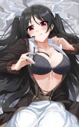 Rule 34 | 1girl, absurdres, bed sheet, black bra, black hair, blush, bow, bra, breasts, cleavage, closed mouth, collarbone, dierbeibanjia, from above, hair between eyes, hair bow, highres, large breasts, long hair, long sleeves, looking at viewer, lying, mayo chiki!, on back, open clothes, open shirt, red eyes, skirt, smile, solo, suzutsuki kanade, tongue, tongue out, twintails, underwear, very long hair, white bow, white skirt