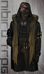 Rule 34 | 1boy, absurdres, arm pouch, bandolier, belt buckle, black coat, black eyes, black gloves, black sash, brown hair, brown jacket, brown pants, buckle, clenched hand, coat, concrete, cropped legs, dangle earrings, ear piercing, earrings, eyepatch, gas mask, gloves, go e 0000, grey background, hand in pocket, high collar, highres, hood, hood up, hooded coat, jacket, jewelry, lapels, long sleeves, looking at viewer, male focus, mask, multiple piercings, original, pants, parted hair, photo background, piercing, pouch, sash, short hair, sleeping bag, solo, standing, stole, straight-on, test tube, text background, torn clothes, turtleneck, yellow stole, zipper, zipper pull tab