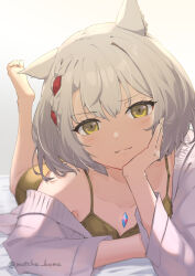 Rule 34 | 1girl, :3, animal ear fluff, animal ears, bare shoulders, barefoot, blush, brown shirt, brown shorts, cat ears, chest jewel, closed mouth, collarbone, commentary request, core crystal (xenoblade), grey hair, head rest, highres, jacket, lying, mio (xenoblade), off shoulder, on bed, open clothes, open jacket, shirt, short hair, shorts, simple background, sleeveless, sleeveless shirt, smile, solo, toes, twitter username, white background, white jacket, xenoblade chronicles (series), xenoblade chronicles 3, yanagimachi, yellow eyes