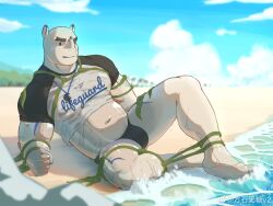 Rule 34 | 1boy, absurdres, algae, bald, bara, beach, belly, black male swimwear, blank eyes, borrowed character, bound, bound arms, bound legs, bulge, cropped shirt, fat, fat man, forked eyebrows, furry, furry male, highres, large pectorals, lifeguard, male focus, male swimwear, monster boy, muscular, muscular male, original, pectorals, rhino boy, rhino ears, see-through, shirt, sitting, slime boy, smile, solo, spread legs, stomach, swim briefs, thick eyebrows, thick thighs, thighs, topless male, wet, wet clothes, wet shirt, whistle, whistle around neck, wutang