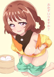 Rule 34 | 1girl, aqua shorts, bamboo steamer, baozi, blouse, blush, breasts, brown hair, clothes pull, commentary, delicious party precure, dumpling, food, foreshortening, hair intakes, hair rings, hanamichi ran, jewelry, kamaboko, kneeling, leaning forward, medium breasts, mini koala, narutomaki, naughty face, necklace, nipples, one breast out, open mouth, pink eyes, precure, raised eyebrow, shiny skin, shirt, shorts, shorts pull, simple background, sketch, smile, smug, solo, thighs, translation request, yellow background, yellow shirt