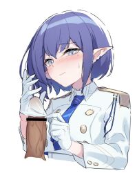 Rule 34 | 1girl, aoi (blue archive), blue archive, blue necktie, blue sky, embarrassed, gloves, highres, long sleeves, mole, mole under eye, necktie, penis, penis in glove, pointy ears, shirt, sky, white background, white gloves, white shirt, zi se