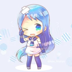 Rule 34 | &gt; o, 1girl, blue background, blue eyes, blue gloves, blue hair, blue sailor collar, blue thighhighs, blush, chibi, commentary request, crossed bandaids, elbow gloves, full body, gloves, green eyes, grey footwear, kantai collection, kou hiyoyo, long hair, multicolored eyes, one-hour drawing challenge, one eye closed, open mouth, sailor collar, samidare (kancolle), school uniform, serafuku, shadow, shirt, skirt, sleeveless, sleeveless shirt, solo, standing, striped, thighhighs, twitter username, very long hair, wavy mouth, white shirt, white skirt