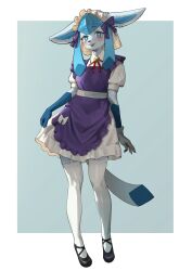 Rule 34 | 1girl, :3, absurdres, animal ears, animal nose, apron, arms at sides, bell, black footwear, blue background, blue eyes, blue hair, blush, border, bow, breasts, bright pupils, collared shirt, creatures (company), dress, female focus, frilled apron, frilled dress, frills, furry, furry female, game freak, garter straps, gen 4 pokemon, glaceon, gloves, gu deulmok, hair bow, happy, head scarf, highres, jingle bell, looking at viewer, maid apron, maid headdress, medium hair, neck bell, neck ribbon, nintendo, open mouth, outside border, pokemon, pokemon (creature), puffy short sleeves, puffy sleeves, purple apron, purple bow, red ribbon, ribbon, shirt, shoes, short dress, short sleeves, sidelocks, simple background, single glove, small breasts, smile, solo, tail, teeth, thighhighs, white border, white bow, white dress, white gloves, white headwear, white pupils, white thighhighs