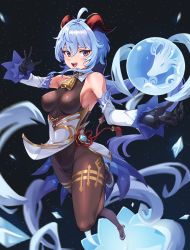 Rule 34 | ahoge, armpits, bell, black gloves, black legwear, blue hair, blush, bodystocking, bodysuit, breasts, chinese knot, clothes lift, covered erect nipples, covered navel, crotch, detached sleeves, flower knot, full body, ganyu (genshin impact), genshin impact, gloves, gold trim, high heels, highres, horns, kadokadokado, leotard, leotard under clothes, loincloth lift, long hair, looking at viewer, magic, medium breasts, neck bell, orb, pelvic curtain, purple eyes, qilin (mythology), red rope, rope, sideboob, sidelocks, smile, solo, tassel, thighlet, very long hair, vision (genshin impact), waist cape, wide sleeves, wind, wind lift