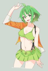 1girl, :d, arm behind back, arm up, bare shoulders, breasts, camisole, cleavage, cowboy shot, crop top, cropped legs, fang, green camisole, green eyes, green hair, green skirt, gumi, hair between eyes, highres, jacket, jacket partially removed, large breasts, medium breasts, medium hair, midriff, miniskirt, navel, ninchan, off shoulder, open mouth, orange jacket, pleated skirt, skirt, smile, solo, suspender skirt, suspenders, underboob, vocaloid, waving