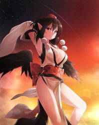 Rule 34 | 1girl, armpits, bare legs, black hair, black wings, breasts, floral print, hat, highres, koro (tyunnkoro0902), kourindou tengu costume, large breasts, looking at viewer, pelvic curtain, pointy ears, pom pom (clothes), red eyes, sash, shameimaru aya, shooting star, sky, smile, solo, star (sky), starry sky, thighs, tokin hat, touhou, wings