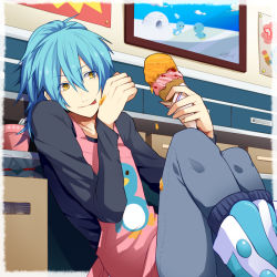 Rule 34 | 1boy, alternate hairstyle, apron, arms up, bird, black shirt, blue hair, box, child&#039;s drawing, closed mouth, dramatical murder, drawer, drawing, eating, eyebrows, food, food on clothes, hair between eyes, hair over shoulder, hiiroichi, holding, ice cream, ice cream cone, indoors, licking, licking hand, long hair, long sleeves, male focus, pants, penguin, pink apron, plant, ponytail, potted plant, seragaki aoba, shelf, shirt, shoes, simple background, sitting, solo, tongue, yellow eyes