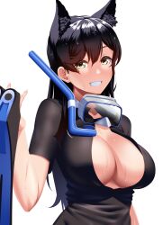Rule 34 | 1girl, alternate costume, animal ear fluff, animal ears, atago (azur lane), azur lane, black hair, black wetsuit, bodysuit, center opening, commission, diving mask, diving suit, flippers, goggles, hair between eyes, highres, holding flippers, kagiyama (clave), long hair, looking at viewer, mask, mole, mole under eye, pixiv commission, scuba, short sleeves, simple background, smile, snorkel, solo, teeth, upper body, wet, wetsuit, white background, yellow eyes