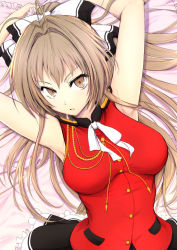 Rule 34 | 10s, 1girl, amagi brilliant park, antenna hair, arms up, breasts, brown eyes, brown hair, female focus, large breasts, long hair, looking at viewer, ponytail, sento isuzu, shugoi, solo