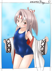 Rule 34 | 1girl, blue one-piece swimsuit, brown eyes, cowboy shot, grey hair, hachimaki, headband, high ponytail, kantai collection, long hair, one-hour drawing challenge, one-piece swimsuit, open clothes, open robe, ray.s, robe, school swimsuit, solo, standing, swimsuit, twitter username, white robe, zuihou (kancolle)
