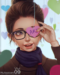 Rule 34 | 1girl, brown hair, english text, glasses, heart, magion02, mole, mole under mouth, ms.assistant, open mouth, purple eyes, short hair, solo, teeth, upper body, vivi (ms.assistant), watermark
