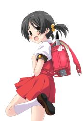 Rule 34 | 1girl, :d, backpack, bag, black hair, blush, brown eyes, child, collar, collared shirt, dress, eyelashes, flute, from side, hair bobbles, hair ornament, highres, instrument, kaai yuki, kneehighs, leg up, looking at viewer, looking back, low twintails, mary janes, official art, open mouth, pinafore dress, promotional art, puffy short sleeves, puffy sleeves, randoseru, recorder, shirt, shoes, short hair, short sleeves, sleeveless, sleeveless dress, smile, socks, solo, tareme, teeth, transparent background, twintails, umetani tarou, vocaloid, white socks