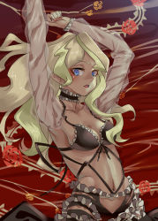 Rule 34 | 1girl, bed sheet, black bra, blonde hair, blue eyes, blush, bra, breasts, cleavage, collar, collarbone, diana cavendish, floral print, frilled bra, frilled neckwear, frills, little witch academia, long hair, looking at viewer, lying, medium breasts, nail polish, navel, on back, open mouth, rose print, rozen110, see-through, see-through sleeves, shiny skin, solo, underwear
