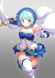 Rule 34 | 1girl, absurdres, bare shoulders, blue eyes, blue hair, cape, detached sleeves, gloves, highres, looking at viewer, mahou shoujo madoka magica, miki sayaka, smile, solo, white gloves