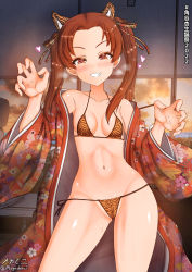 Rule 34 | 1girl, 2022, animal ears, animal print, bikini, blush, breasts, brown eyes, brown hair, cameltoe, chinese zodiac, claw pose, fake animal ears, female focus, girls und panzer, grin, heart, highres, indoors, japanese clothes, kadotani anzu, kimono, long hair, looking at viewer, megadeko, navel, shiny skin, side-tie bikini bottom, small breasts, smile, solo, swimsuit, thong, thong bikini, tiger ears, tiger print, twintails, wide hips, year of the tiger