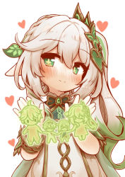 Rule 34 | 1girl, aether (genshin impact), blush, bracelet, braid, cameo, cape, commentary request, detached sleeves, family, genshin impact, gradient hair, green eyes, grey hair, hair between eyes, hair ornament, heart, highres, jewelry, kareya, long hair, looking at viewer, multicolored hair, nahida (genshin impact), pointy ears, short sleeves, side ponytail, sidelocks, simple background, single braid, smile, solo, symbol-shaped pupils, white background