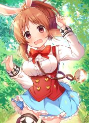 Rule 34 | 1girl, abe nana, animal ears, arm up, blue skirt, blush, bow, breasts, brown eyes, brown hair, rabbit ears, collared shirt, commentary request, day, fingernails, forest, hair ornament, hand up, head tilt, heart, heart hair ornament, idolmaster, idolmaster cinderella girls, long sleeves, looking at viewer, medium breasts, nature, omuretsu, open mouth, outdoors, pleated skirt, pocket watch, red bow, shirt, skirt, solo, standing, standing on one leg, thighhighs, underbust, watch, white shirt