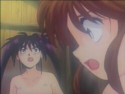 Rule 34 | 1990s (style), 3girls, animated, bare legs, barefoot, bath, bob cut, brown hair, character request, covering breasts, covering privates, enno chiaki, kishin douji zenki, long hair, looking at viewer, lowres, matsutake tokuyuki, multiple girls, naked towel, nude, purple hair, retro artstyle, sitting, spiked hair, steam, towel, trembling, twintails, video, zenki