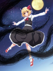 Rule 34 | 1girl, ascot, black skirt, black vest, blonde hair, blush, closed mouth, collared shirt, commentary request, darkness, flat chest, frilled shirt collar, frilled skirt, frilled socks, frills, full body, full moon, hair ribbon, highres, long sleeves, looking at viewer, mary janes, moon, night, ootsuki wataru, outstretched arms, red ascot, red eyes, red footwear, red ribbon, ribbon, rumia, shirt, shoes, short hair, skirt, skirt set, sky, smile, socks, solo, spread arms, star (sky), starry sky, touhou, vest, white shirt, white socks