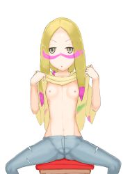 Rule 34 | 1girl, absurdres, blonde hair, blue pants, breasts, cameltoe, chair, clothes lift, collarbone, creatures (company), facepaint, female focus, game freak, grey eyes, half-closed eyes, hands up, highres, holding, lifting own clothes, looking at viewer, mina (pokemon), nakanun, navel, nintendo, nipples, open mouth, paint, pants, pokemon, pokemon sm, ribs, shirt, shirt lift, short sleeves, simple background, sitting, small breasts, solo, spread legs, white background, yellow shirt