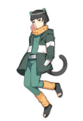 Rule 34 | 1boy, animal ears, bandaged arm, bandages, black eyes, black footwear, black hair, blunt bangs, blush, boruto: naruto the movie, blowing bubbles, cat boy, cat ears, cat tail, chewing gum, eyebrows, full body, greetload, hand in pocket, highres, hood, hood down, hooded jacket, jacket, kemonomimi mode, leg warmers, long sleeves, looking at viewer, male focus, metal lee, mouth hold, naruto, naruto (series), orange scarf, pants, paw print, scarf, shoes, simple background, solo, tail, thick eyebrows, toeless footwear