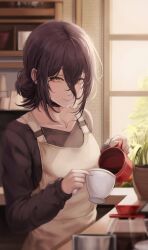 Rule 34 | 1girl, absurdres, apron, bad id, bad twitter id, black choker, black hair, black sweater, brown apron, chainsaw man, choker, coffee mug, coffee pot, cup, green eyes, hair between eyes, hair bun, highres, hk (432 432), holding, holding cup, light particles, light rays, looking at viewer, medium hair, mug, plant, potted plant, pouring, reze (chainsaw man), single hair bun, smile, solo, sunbeam, sunlight, sweater