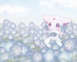 1girl :3 animal_ears animal_hands apron bag blue_bag blue_bow blue_dress blue_flower blue_sky bow cat_ears creatures_(company) dress espeon field flower flower_field forehead_jewel full_body furry furry_female game_freak gem gen_2_pokemon hair_bow holding holding_bag looking_at_viewer low_twintails mkt_(buizu-miki) nintendo outdoors pokemon pokemon_(creature) puffy_sleeves purple_eyes purple_hair red_gemstone sky solo standing tail twintails white_apron