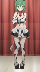 Rule 34 | 10s, 1girl, absurdres, animal costume, animal ears, animal print, boots, cow costume, cow ears, cow print, cow tail, curtains, green eyes, green hair, highres, infinite stratos, matching hair/eyes, microphone, non-web source, pleated skirt, screencap, short hair, skirt, solo, stitched, tail, thigh boots, thighhighs, third-party edit, yamada maya (infinite stratos)
