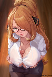 Rule 34 | 1futa, alternate costume, autopaizuri, bespectacled, black pants, black skirt, blonde hair, blouse, breasts, bulge, collarbone, collared shirt, commentary, covered erect nipples, creatures (company), cynthia (pokemon), english commentary, exlic, from above, futanari, futanari masturbation, game freak, glasses, grabbing own breast, hair ornament, hair over one eye, hair tie, highres, kneeling, large breasts, lips, long hair, looking at viewer, looking up, masturbation, motion lines, nintendo, open fly, paizuri, paizuri under clothes, pants, parted lips, patreon username, penis, pokemon, pokemon dppt, ponytail, pov, pov crotch, see-through, see-through shirt, shirt, sidelocks, skirt, solo focus, sweat, testicles, unbuttoned, unbuttoned shirt, uncensored, veins, veiny penis, wet, wet clothes, wet shirt, white shirt, wooden floor, yellow eyes