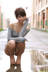 Rule 34 | 1girl, asian, bikini, feet, full body, high heels, highres, japanese (nationality), looking away, nail polish, off shoulder, open shoes, outdoors, photo (medium), puddle, road, silver nails, smile, solo, squatting, street, sweater, swimsuit, taira yukiko, toes