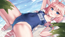 Rule 34 | 1girl, ahoge, animal ears, beach, blue eyes, blue one-piece swimsuit, blush, breasts, eric (tianqijiang), highres, indie virtual youtuber, looking at viewer, low twintails, lying, old school swimsuit, on back, one-piece swimsuit, open mouth, sakurada hane, school swimsuit, small breasts, solo, swimsuit, thighs, twintails, virtual youtuber, water