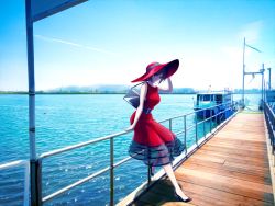 Rule 34 | 1girl, anko anko, bag, bare shoulders, belt, black footwear, blue sky, boat, brown eyes, brown hair, commentary, day, dress, hand on headwear, handrail, hat, high heels, highres, jetty, large hat, looking at viewer, meiko (vocaloid), ocean, on railing, outdoors, photo background, pier, railing, red dress, red hat, scenery, short hair, shoulder bag, sitting, sky, sleeveless, sleeveless dress, smile, solo, sun hat, vocaloid, watercraft