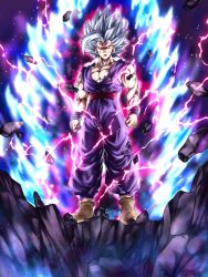 Rule 34 | 1boy, aura, clenched hands, dougi, dragon ball, dragon ball super, dragon ball super super hero, electricity, full body, glowing, glowing eyes, gohan beast, grey hair, highres, male focus, muscular, muscular male, red eyes, rock, serious, solo, son gohan, wai (y48754085), wristband