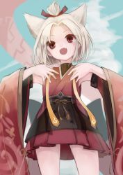 Rule 34 | 1girl, absurdres, azur lane, bare shoulders, cloud, day, detached sleeves, fang, flat chest, from below, hands on own chest, hemorina, highres, japanese clothes, kimono, looking at viewer, miniskirt, open mouth, parted bangs, red eyes, red kimono, red ribbon, ribbon, shikigami, short hair, shouhou (azur lane), skirt, sleeveless, sleeveless kimono, topknot, white hair, wide sleeves, yellow ribbon, yellow rope