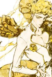 Rule 34 | 1boy, bare pectorals, blonde hair, closed mouth, earrings, fingernails, giorno giovanna, glint, gold experience, hand on own hip, highres, jewelry, jojo no kimyou na bouken, male focus, medium hair, mitus, parted lips, pectorals, solo, stand (jojo), upper body, vento aureo, yellow eyes, yellow theme