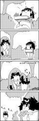 Rule 34 | 4koma, black hair, bow, carrying, comic, commentary request, futatsuiwa mamizou, glasses, greyscale, hair between eyes, hair bow, hair tubes, hakurei reimu, highres, leaf, leaf on head, looking at another, monochrome, nature, outdoors, own hands together, pince-nez, raccoon tail, shaded face, smile, spring onion, standing, tail, tani takeshi, touhou, translation request, tree, yukkuri shiteitte ne
