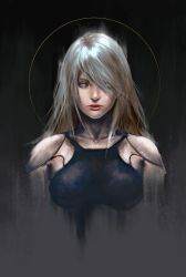 Rule 34 | 1girl, absurdres, android, armlet, bare shoulders, blue eyes, breasts, breasts apart, closed mouth, collarbone, eyelashes, eyes visible through hair, hair over one eye, highres, joints, lips, long hair, looking at viewer, medium breasts, mole, mole under mouth, nier:automata, nier (series), nose, pink lips, robot joints, sam kim, silver hair, sleeveless, solo, tank top, upper body, a2 (nier:automata)