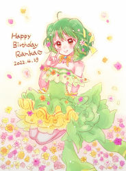 Rule 34 | 1girl, \m/, bow, brown eyes, dated, dress, flower, green dress, green hair, hair flower, hair ornament, hanai chi, happy birthday, heart, highres, looking at viewer, macross, macross frontier, off-shoulder dress, off shoulder, orange bow, pink flower, ranka lee, short hair, smile, solo, white flower, yellow flower