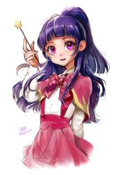 Rule 34 | 1girl, absurdres, bow, cowboy shot, dawkinsia, half updo, highres, izayoi liko, long hair, looking at viewer, mahou girls precure!, pink bow, pink skirt, plaid, plaid bow, precure, purple eyes, purple hair, riko (mahou girls precure!), shirt, signature, skirt, smile, solo, wand, white background, white shirt