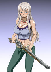 Rule 34 | 1girl, bare shoulders, belt, blue eyes, blush, breasts, cleavage, gradient background, green pants, grey hair, gun, highres, holding, holding weapon, jewelry, large breasts, legs, long hair, looking at viewer, mature female, midriff, navel, necklace, nel-zel formula, nico olvia, one piece, pants, parted lips, pearl necklace, rifle, shiny skin, simple background, sleeveless, smile, solo, standing, thighs, weapon