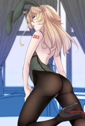 Rule 34 | 1girl, ahoge, alternate hairstyle, animal ears, aqua eyes, ass, bare back, bedroom, blonde hair, brown pantyhose, commentary, curtains, fake animal ears, female focus, from behind, green leotard, hair down, hal (goshujinomocha), hands on own thighs, high heels, highleg, highleg leotard, highres, kneeling, leotard, long hair, looking at viewer, looking back, on bed, open mouth, pantyhose, playboy bunny, rabbit ears, shoulder tattoo, strapless, strapless leotard, tanya degurechaff, tattoo, window, youjo senki