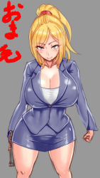 Rule 34 | 1girl, blonde hair, breasts, cleavage, formal, gun, highres, image sample, large breasts, metroid, miniskirt, mole, mole under mouth, nintendo, office lady, pencil skirt, pixiv sample, samus aran, simple background, skirt, skirt suit, smile, solo, suit, weapon