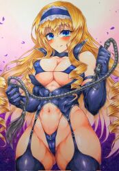 Rule 34 | 1girl, bikini, blonde hair, blue eyes, blush, bow, breasts, cecilia alcott, cleavage, dominatrix, drill hair, garter straps, gloves, hair bow, highres, infinite stratos, large breasts, legs, long hair, looking at viewer, navel, slingshot swimsuit, smile, solo, swimsuit, thick thighs, thighs, toned, tongue, tongue out, traditional media, whip, wide hips, zipper bikini, zipper panties, zipper pull tab