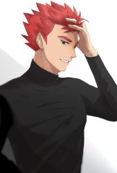 Rule 34 | 1boy, black shirt, commentary request, creatures (company), game freak, grey eyes, grin, hand up, highres, imasara maki, lance (pokemon), long sleeves, male focus, nintendo, no jacket, pokemon, pokemon hgss, red hair, shirt, short hair, smile, solo, spiked hair, teeth, upper body, white background