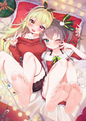Rule 34 | 2girls, adapted costume, aqua eyes, bare legs, bare shoulders, barefoot, blonde hair, blush, breasts, brown hair, collarbone, commentary request, crossed bangs, crossover, frilled pillow, frills, grin, hair between eyes, heterochromia, highres, hololive, hoshikawa sara, hoshikawa sara (1st costume), large breasts, legs up, long hair, long sleeves, looking at viewer, lying, multiple girls, natsuiro matsuri, natsuiro matsuri (1st costume), nijisanji, off shoulder, on back, one eye closed, open mouth, orange eyes, paid reward available, pillow, pleated skirt, puffy long sleeves, puffy short sleeves, puffy sleeves, red eyes, short hair, short sleeves, side ponytail, skirt, small breasts, smile, soles, teeth, toes, union jack, v, variant set, very long hair, virtual youtuber, yoshie eneko